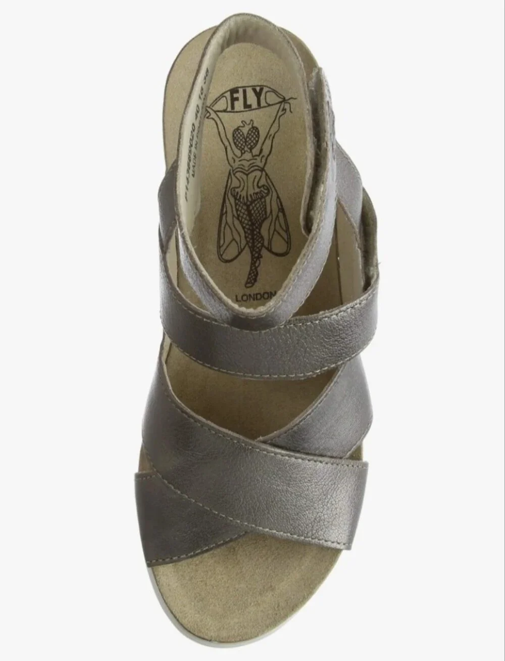 Fly London Women's Soft Leather Metallic Pewter Wedge Platform Sandal Sz. 9